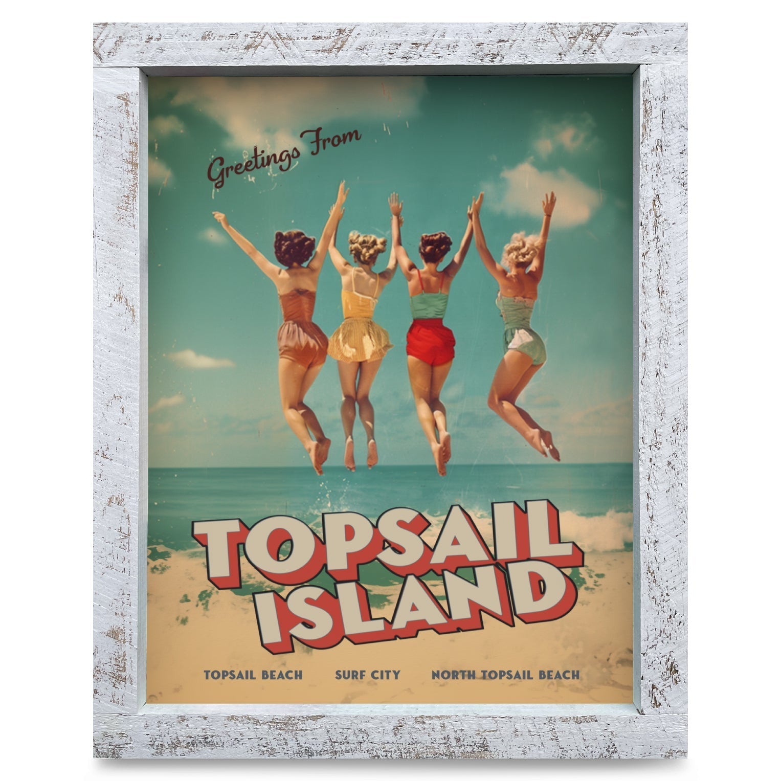Customizable Vintage Jumping Beach Girls | Real Wood Framed Wall