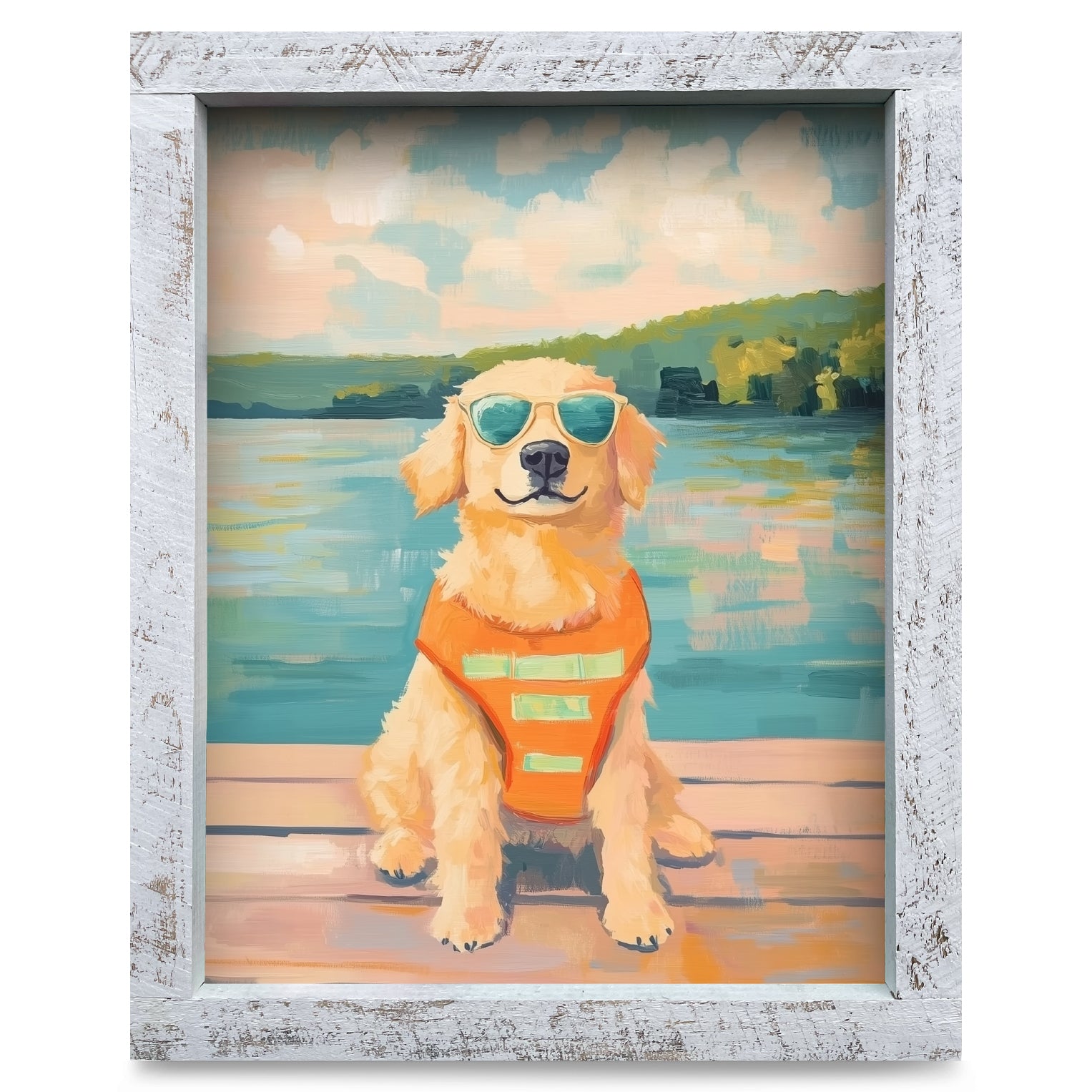 (希少)道楽　DOWLUCK SURFACE RETRIEVER Cool Golden Retriever Lake Dock | Real Wood Framed Wall Art Print