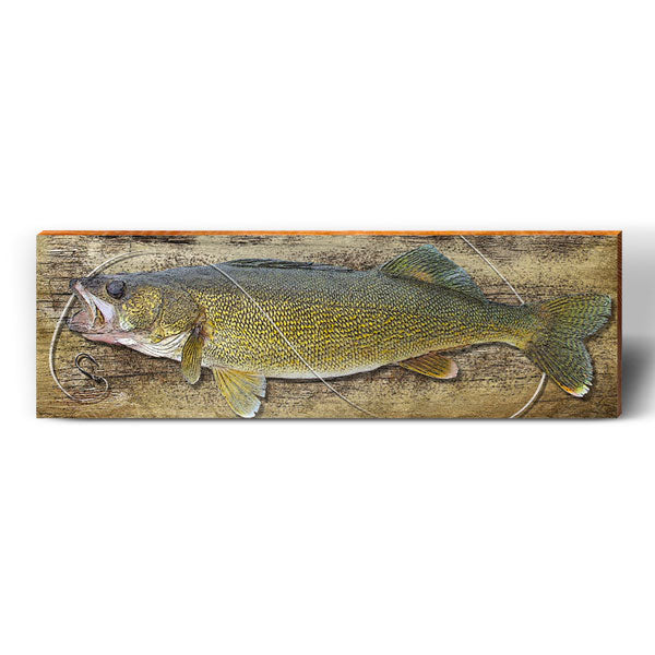 Walleye Fish Hook Wooden Sign  Wall Art Print on Real Wood