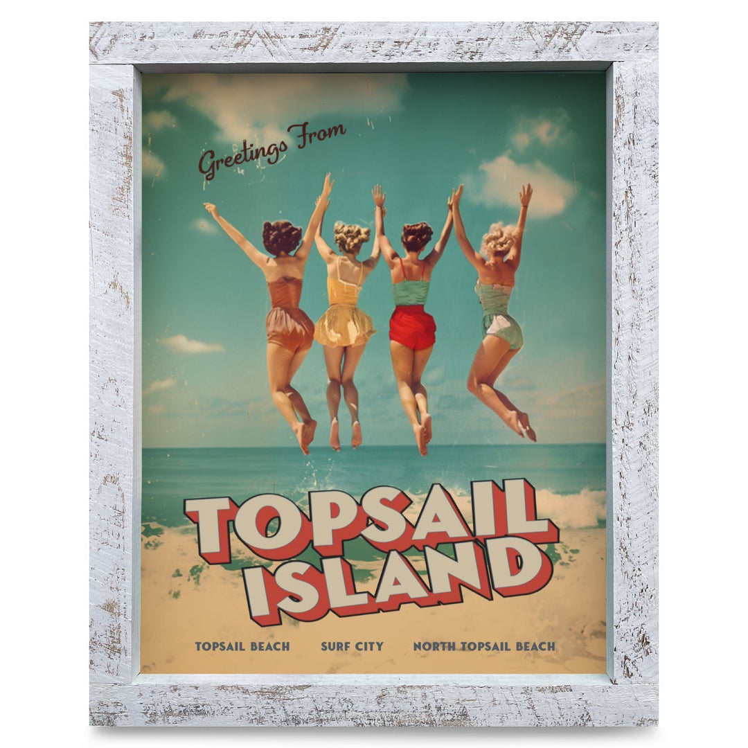 Customizable Vintage Jumping Beach Girls | Real Wood Framed Wall