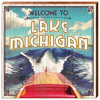 Welcome to Lake Michigan Vintage Boat Home Decor Art Print on Real Wood (18"x18"-Mill Wood Art
