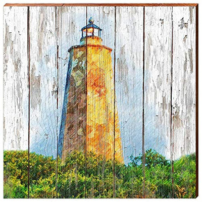 Bald Head Island Old Baldy Lighthouse Rustic Home Decor Art Print on Real Wood (18"x18"-Mill Wood Art