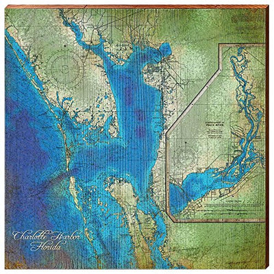 MILL WOOD ART Charlotte Harbor, Florida Map Home Decor Art Print on Real Wood (18"x18") Wall Art-Mill Wood Art