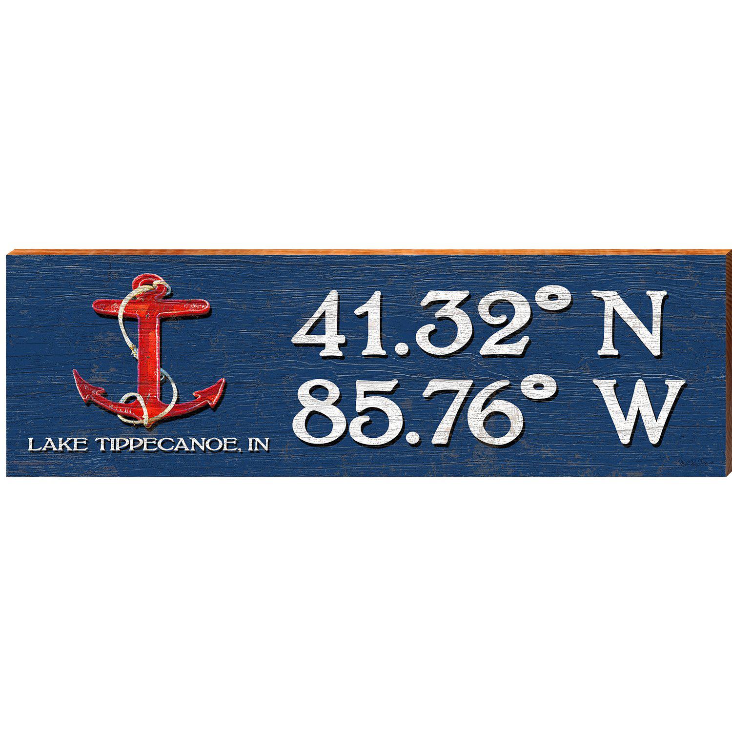 Lake Tippecanoe Anchor Navy Latitude Longitude | Wall Art Print on Real Wood