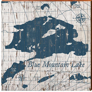 Blue Mountain Lake Shabby Map Home Decor Art Print on Real Wood (18"x18" Wall Art-Mill Wood Art