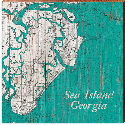 Sea Island, Georgia Teal & White Shabby Map-Mill Wood Art