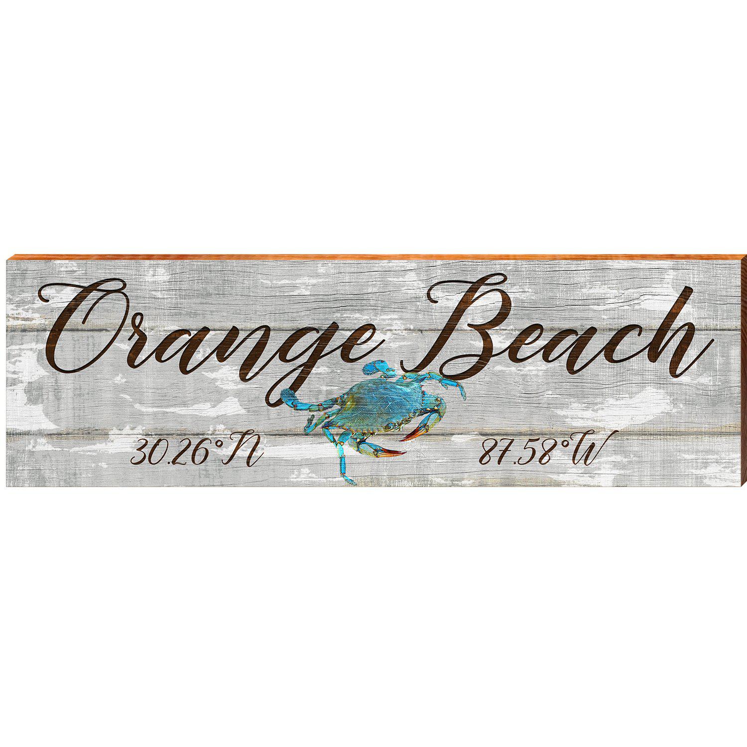 Orange Beach Blue Crab Grey Latitude Longitude | Wall Art Print on Real Wood