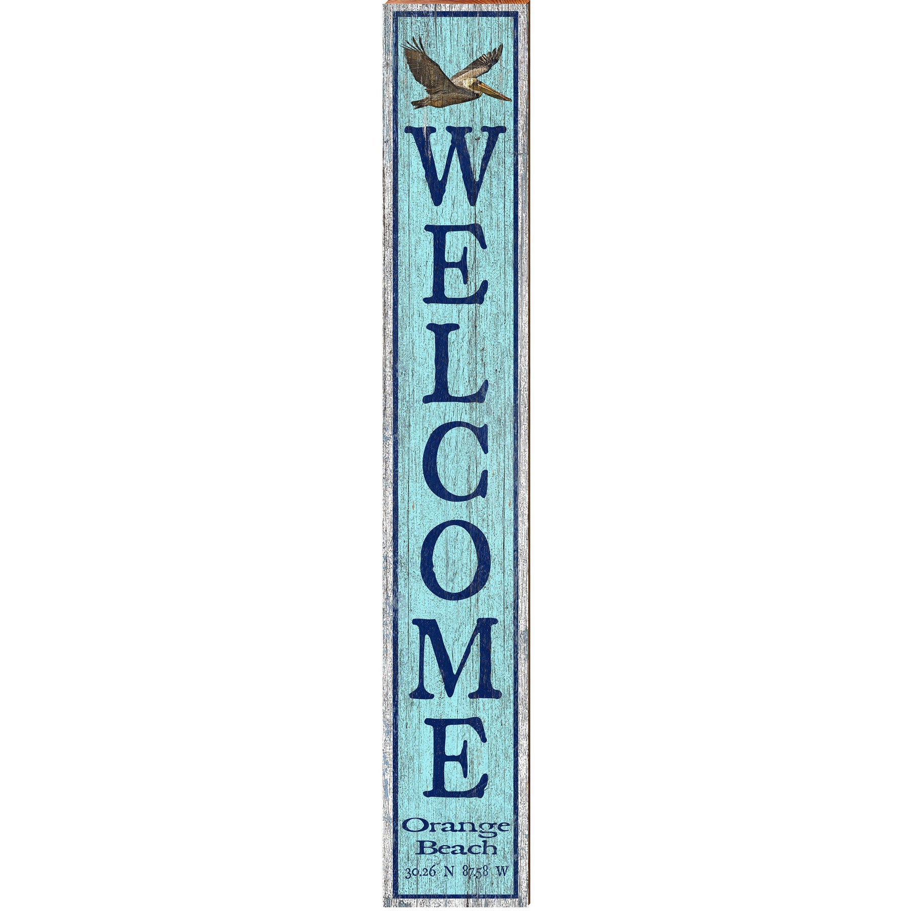 Welcome Orange Beach Pelican Blue Latitude Longitude | Wall Art Print on Real Wood